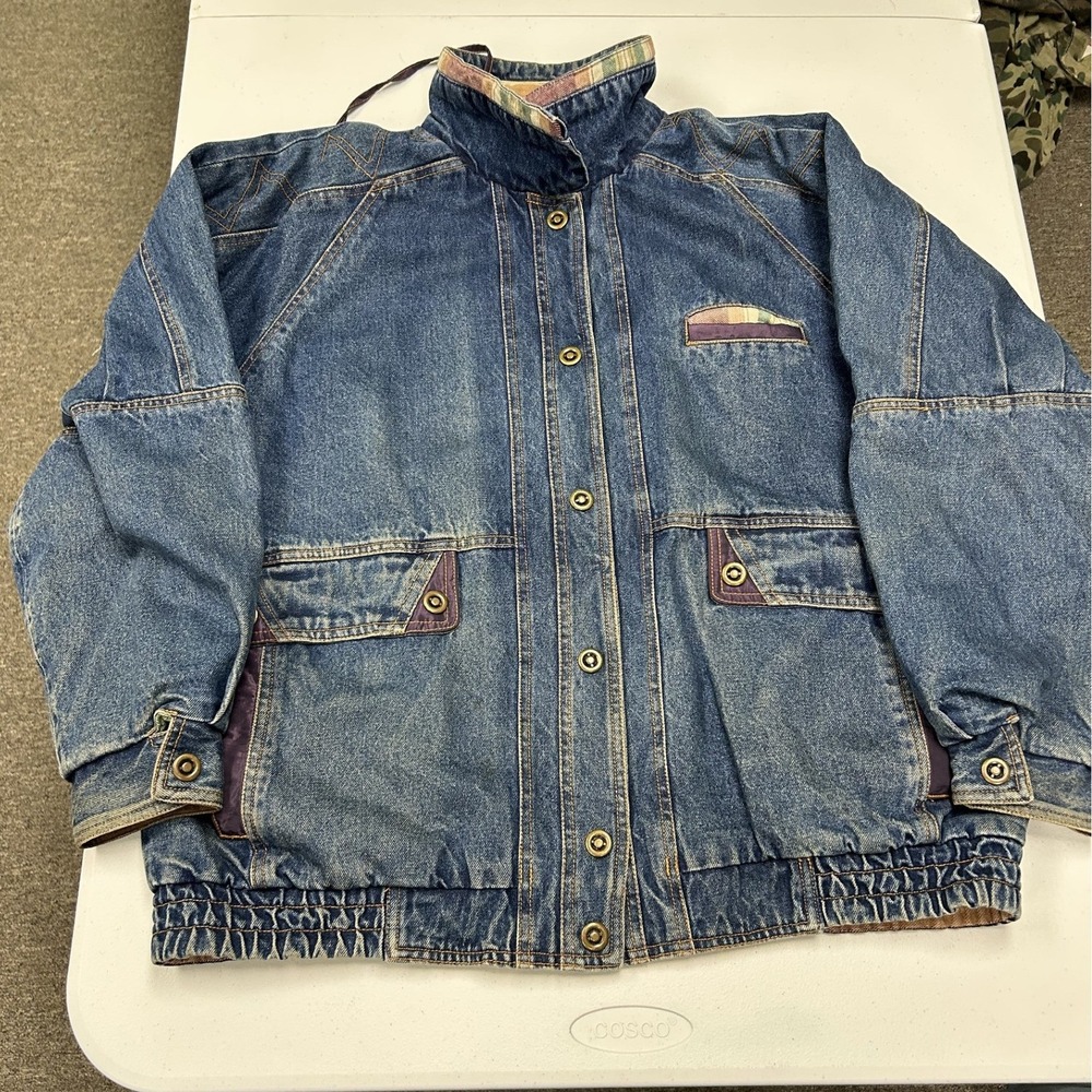 Current Seen Denim Bomber Jacket mens L Blue Good Vintage 90s Plaid Lined